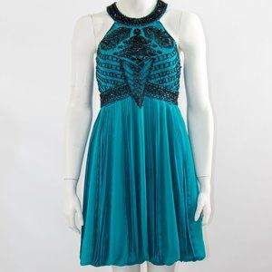 SUE WONG Beaded Embroidered Dress Teal Cocktail Prom Wedding